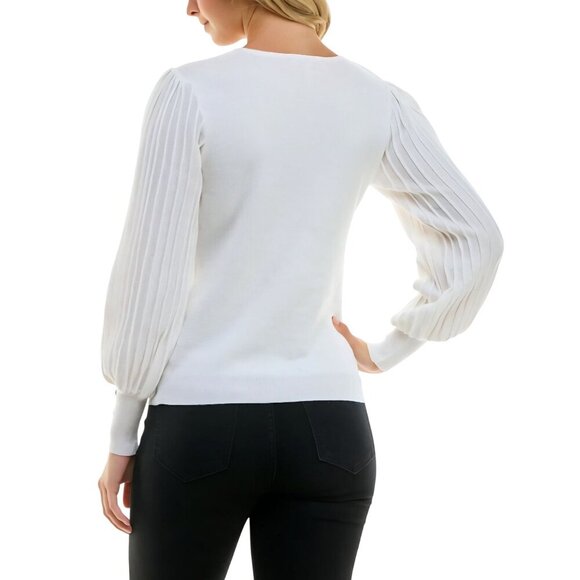 Nanette Lepore White Sparkle Pleated Bishop Sleeve Button Detail Sweater Size M - Picture 4 of 11